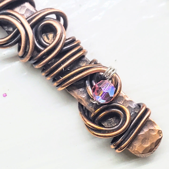 AMD1333 Handmade Wire Sculpted Ribbon Pink Crystal Copper Bar Pendant Necklace - Necklace - Alexa Martha Designs   9969560453424