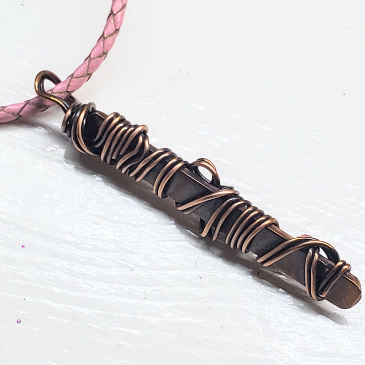 AMD1333 Handmade Wire Sculpted Ribbon Pink Crystal Copper Bar Pendant Necklace - Necklace - Alexa Martha Designs   9969560453424