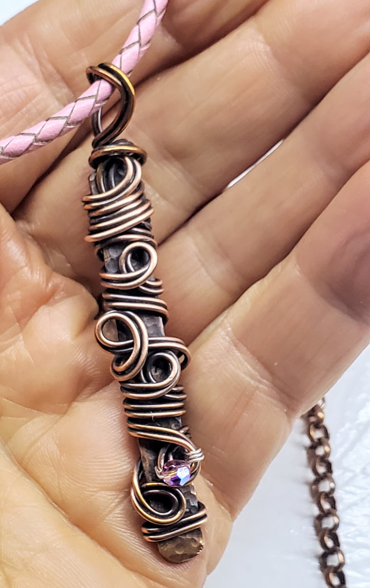AMD1333 Handmade Wire Sculpted Ribbon Pink Crystal Copper Bar Pendant Necklace - Necklace - Alexa Martha Designs   9969560453424