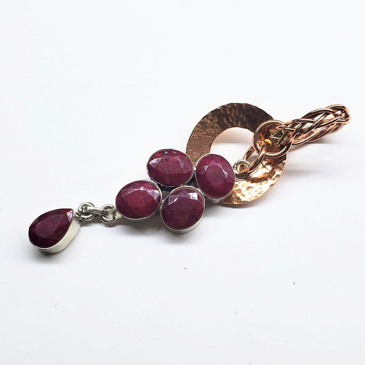 Handmade Copper 5 Wire Braided Bail Hammered Donut Raw Cut Ruby Cascading Pendant