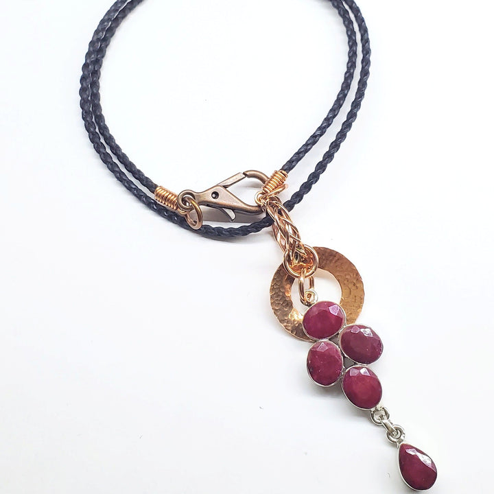 Handmade Copper 5 Wire Braided Bail Hammered Donut Raw Cut Ruby Cascading Pendant