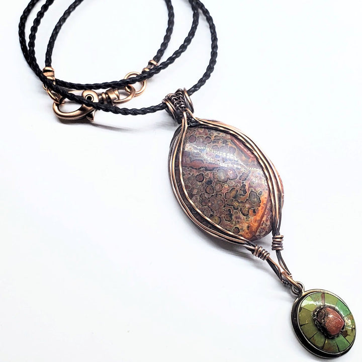 Large Wire Wrapped Brown Red Orange Orbicular Oval Jasper Pendant 24 inch Necklace