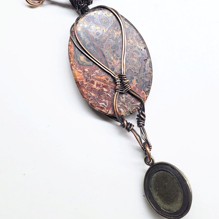 Large Wire Wrapped Brown Red Orange Orbicular Oval Jasper Pendant 24 inch Necklace