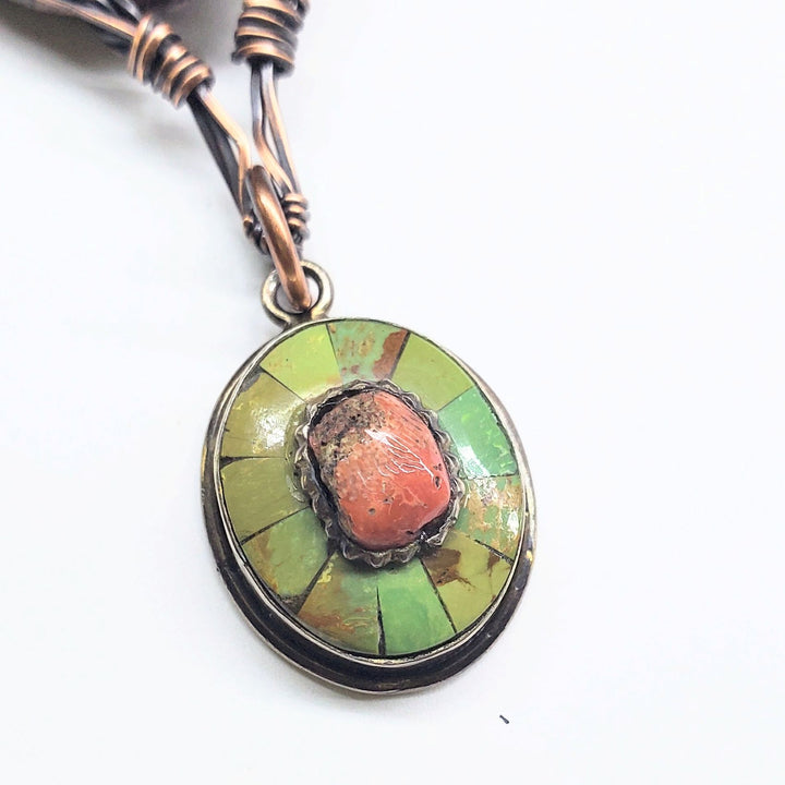 Large Wire Wrapped Brown Red Orange Orbicular Oval Jasper Pendant 24 inch Necklace