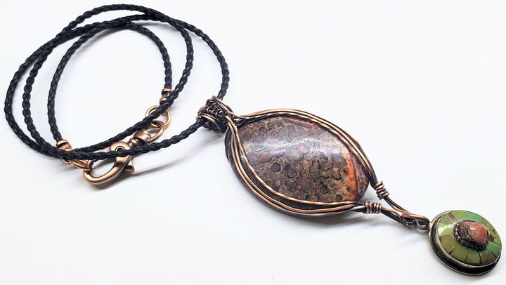 Large Wire Wrapped Brown Red Orange Orbicular Oval Jasper Pendant 24 inch Necklace