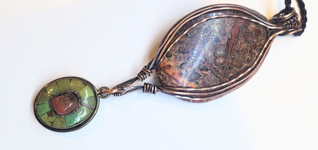 Large Wire Wrapped Brown Red Orange Orbicular Oval Jasper Pendant 24 inch Necklace