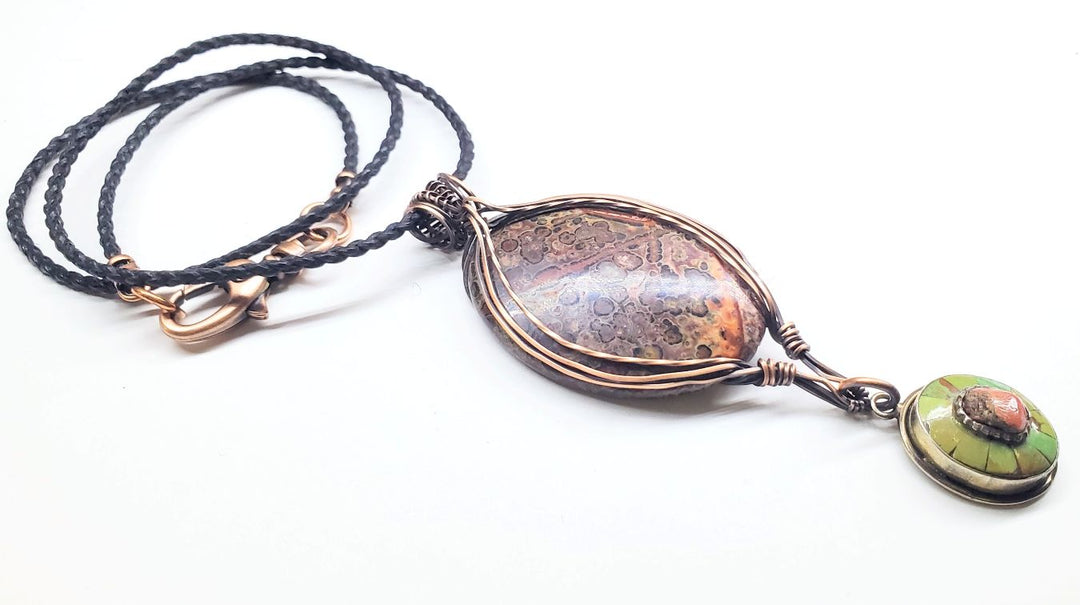 Large Wire Wrapped Brown Red Orange Orbicular Oval Jasper Pendant 24 inch Necklace