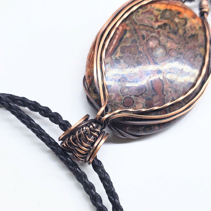 Large Wire Wrapped Brown Red Orange Orbicular Oval Jasper Pendant 24 inch Necklace