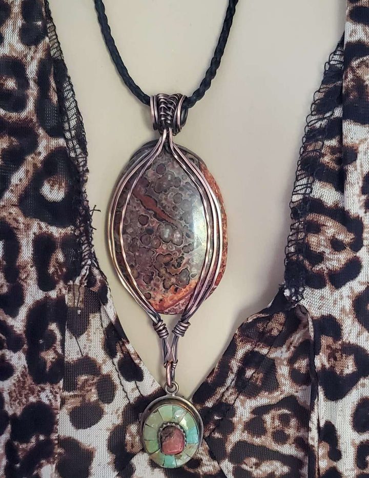 Large Wire Wrapped Brown Red Orange Orbicular Oval Jasper Pendant 24 inch Necklace