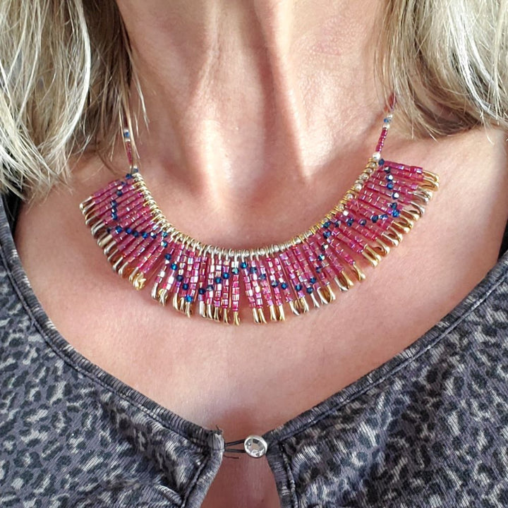 Sparkly Beaded Red Blue Swarovski Crystal Zig Zag Safety Pin Bib Choker Necklace