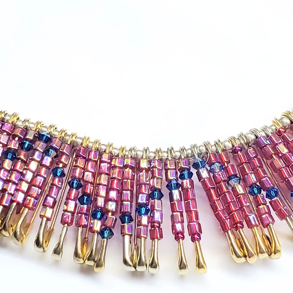 Sparkly Beaded Red Blue Swarovski Crystal Zig Zag Safety Pin Bib Choker Necklace