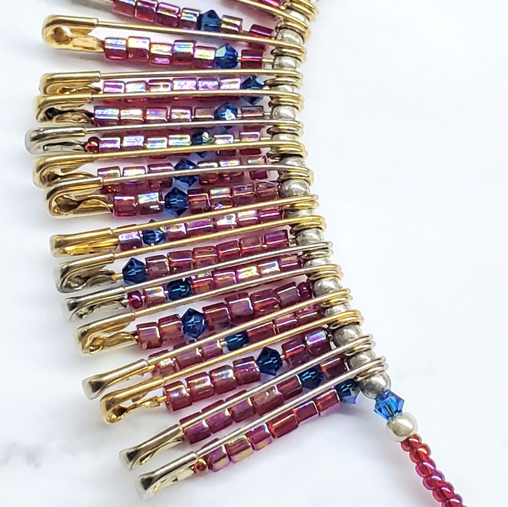 Sparkly Beaded Red Blue Swarovski Crystal Zig Zag Safety Pin Bib Choker Necklace