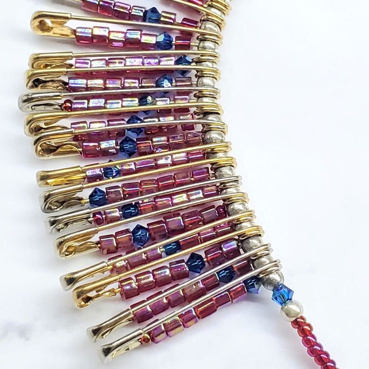 Sparkly Beaded Red Blue Swarovski Crystal Zig Zag Safety Pin Bib Choker Necklace