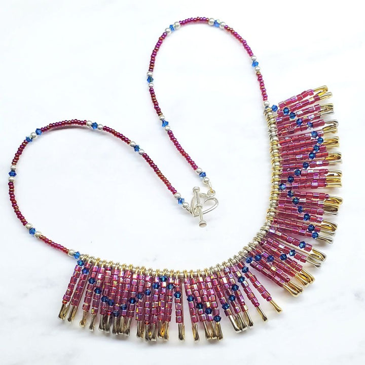 Sparkly Beaded Red Blue Swarovski Crystal Zig Zag Safety Pin Bib Choker Necklace