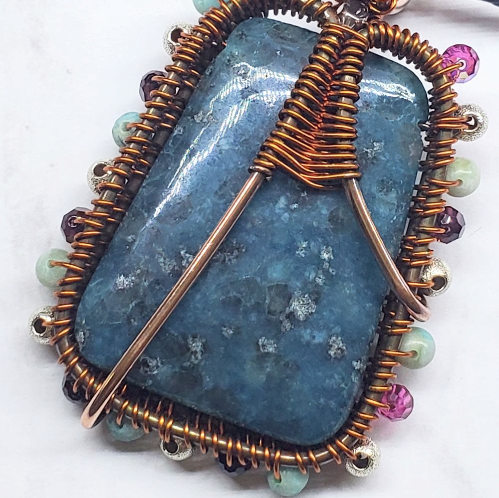 Reversible Copper Wire Wrapped Dancing Ballerina Teal Dyed Kiwi Stone Pendant Necklace
