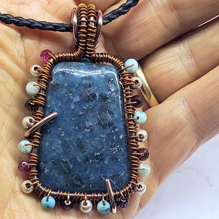 Reversible Copper Wire Wrapped Dancing Ballerina Teal Dyed Kiwi Stone Pendant Necklace