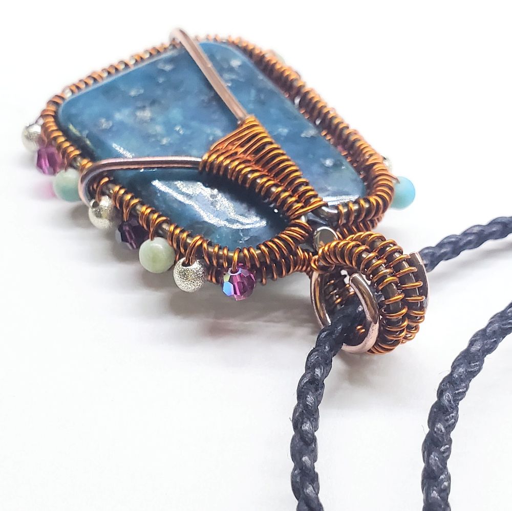 Reversible Copper Wire Wrapped Dancing Ballerina Teal Dyed Kiwi Stone Pendant Necklace