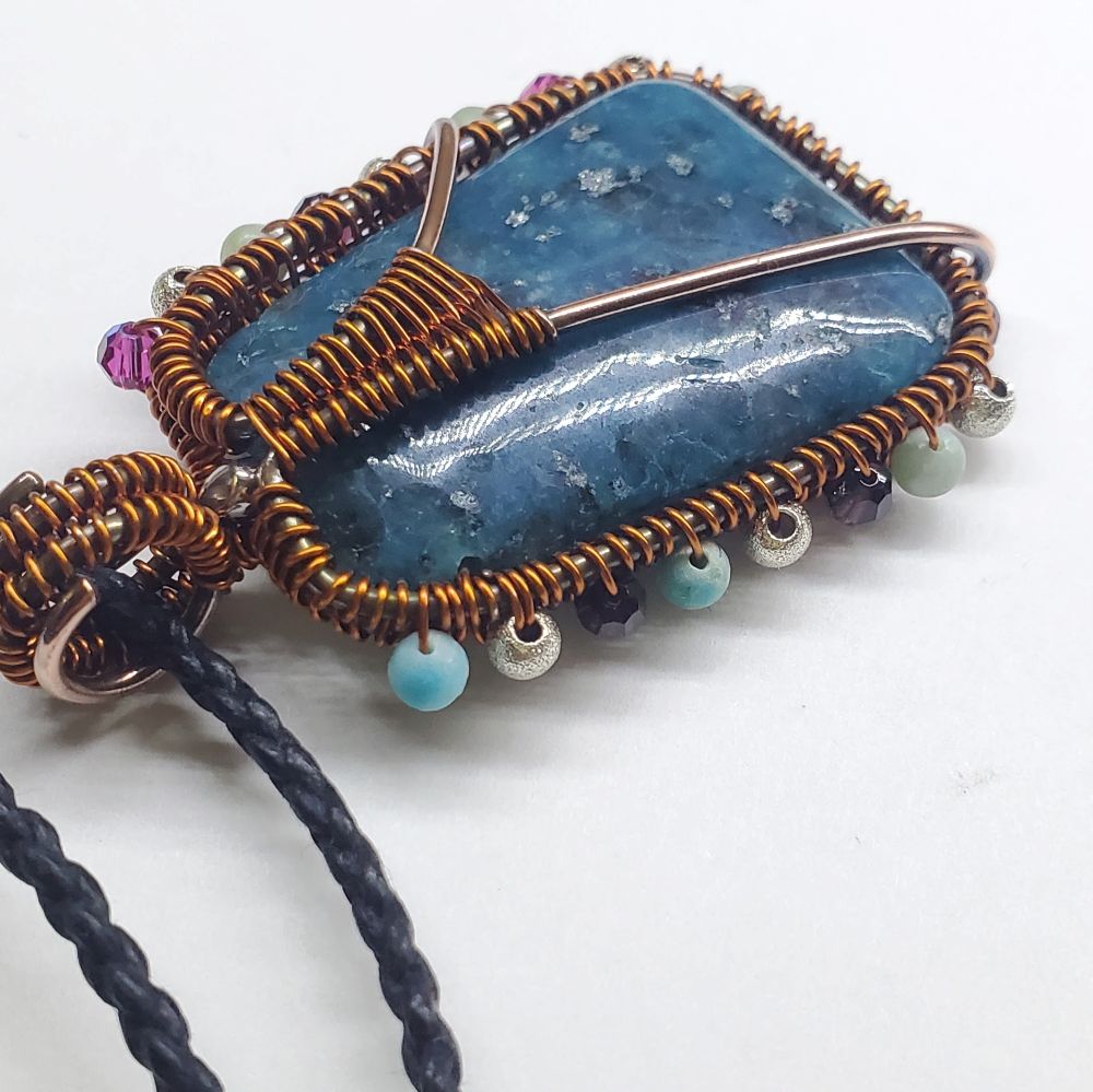 Reversible Copper Wire Wrapped Dancing Ballerina Teal Dyed Kiwi Stone Pendant Necklace