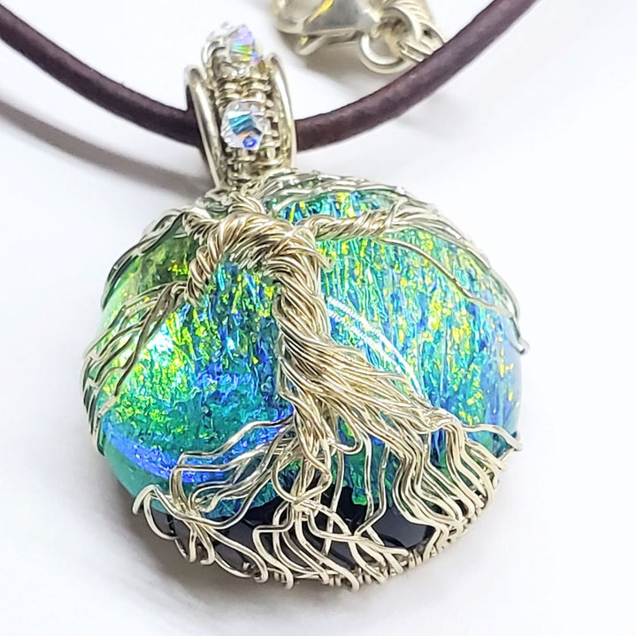 Handmade Sparkly Tree of Life Wire Wrapped Dichroic Pendant on Leather Necklace