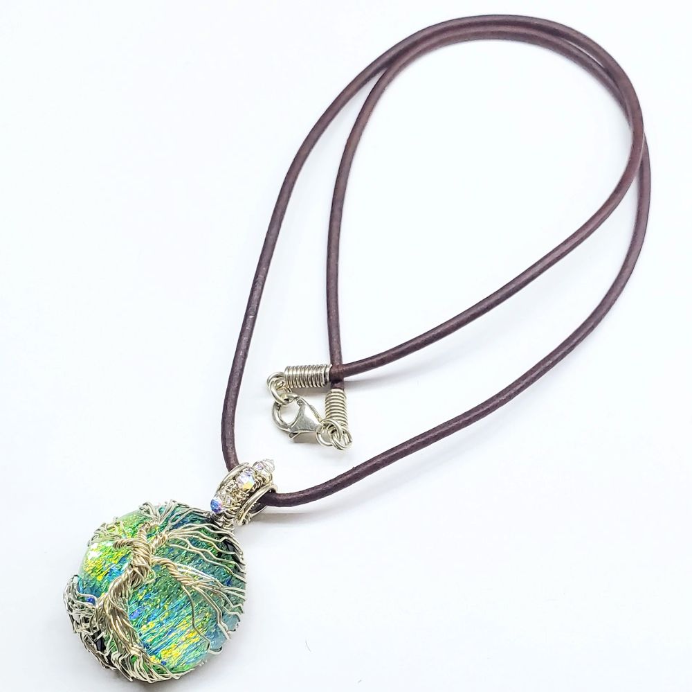 Handmade Sparkly Tree of Life Wire Wrapped Dichroic Pendant on Leather Necklace