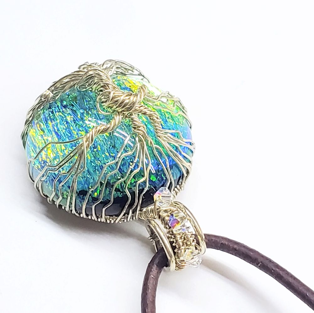 Handmade Sparkly Tree of Life Wire Wrapped Dichroic Pendant on Leather Necklace