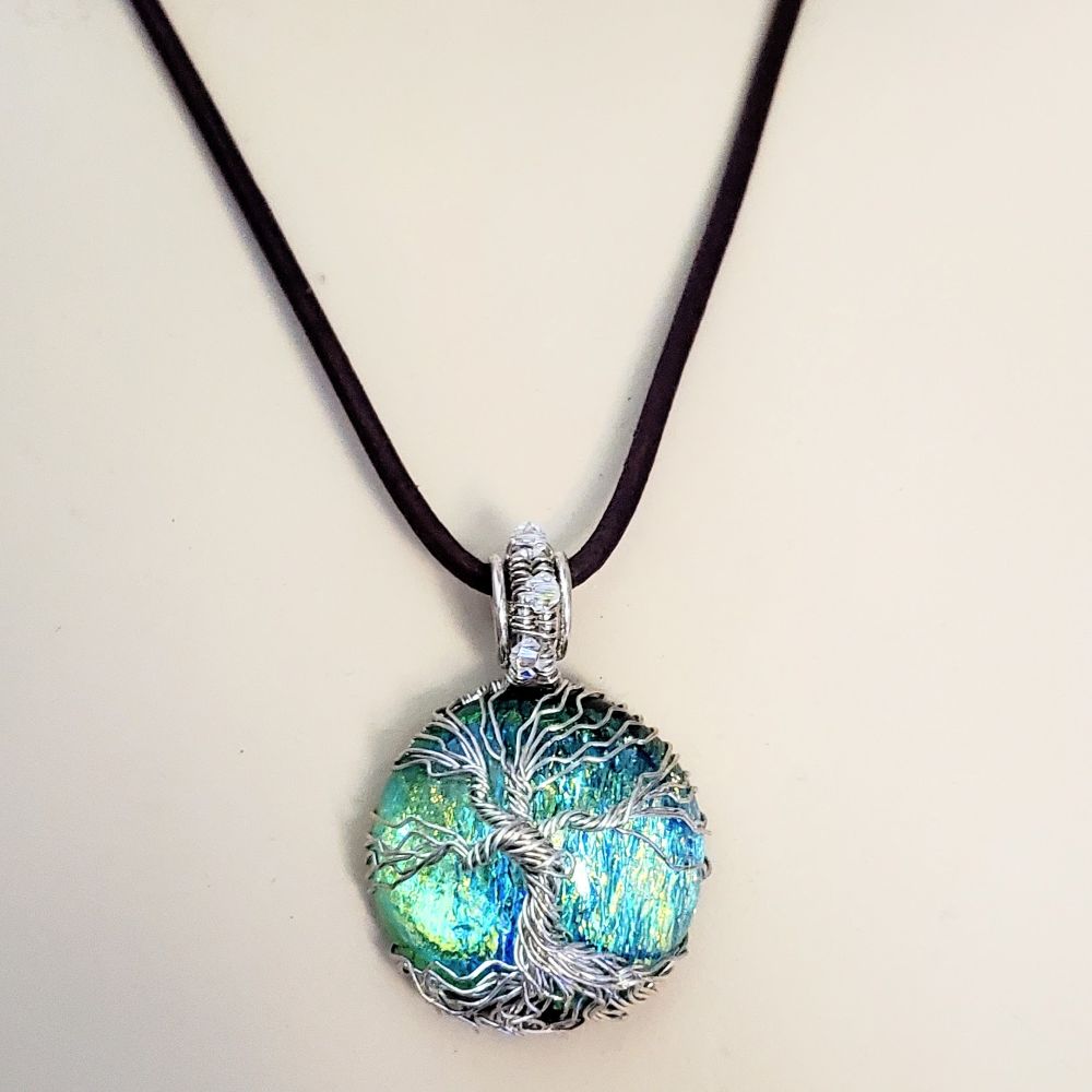 Handmade Sparkly Tree of Life Wire Wrapped Dichroic Pendant on Leather Necklace