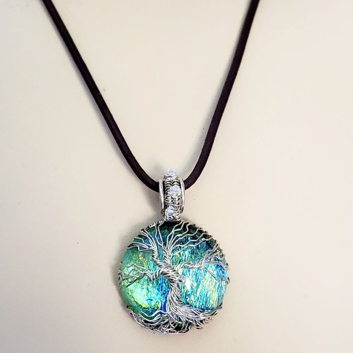 Handmade Sparkly Tree of Life Wire Wrapped Dichroic Pendant on Leather Necklace