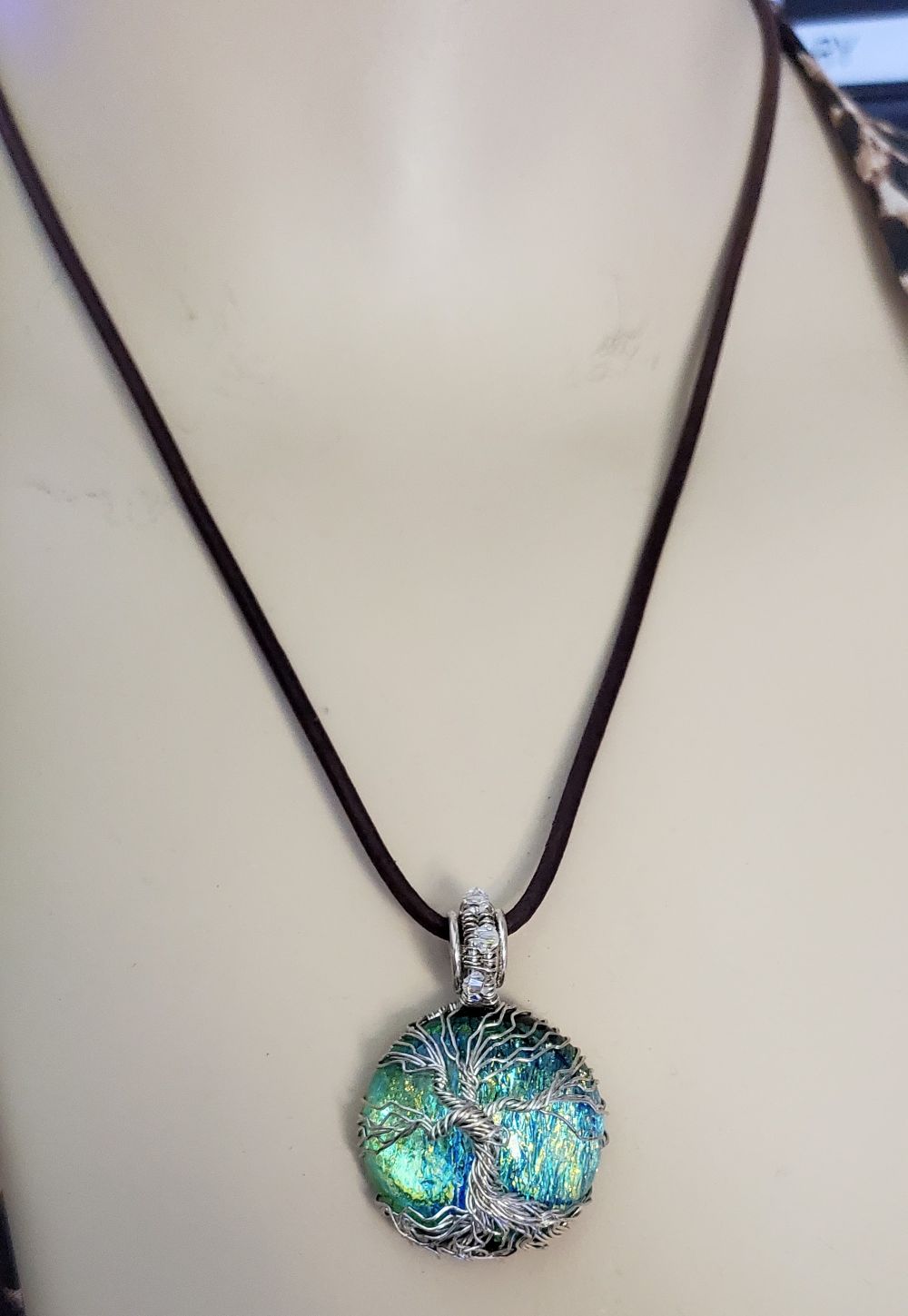 Handmade Sparkly Tree of Life Wire Wrapped Dichroic Pendant on Leather Necklace