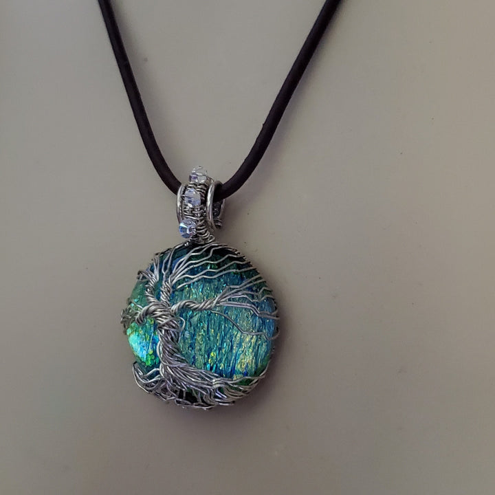 Handmade Sparkly Tree of Life Wire Wrapped Dichroic Pendant on Leather Necklace