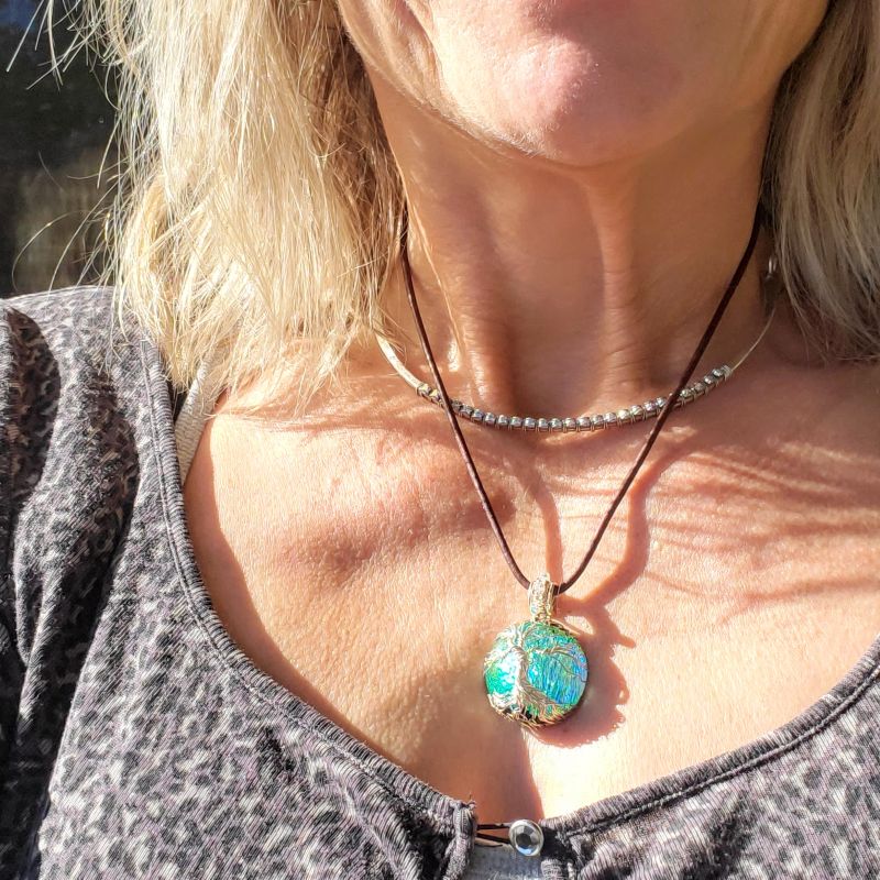 Handmade Sparkly Tree of Life Wire Wrapped Dichroic Pendant on Leather Necklace