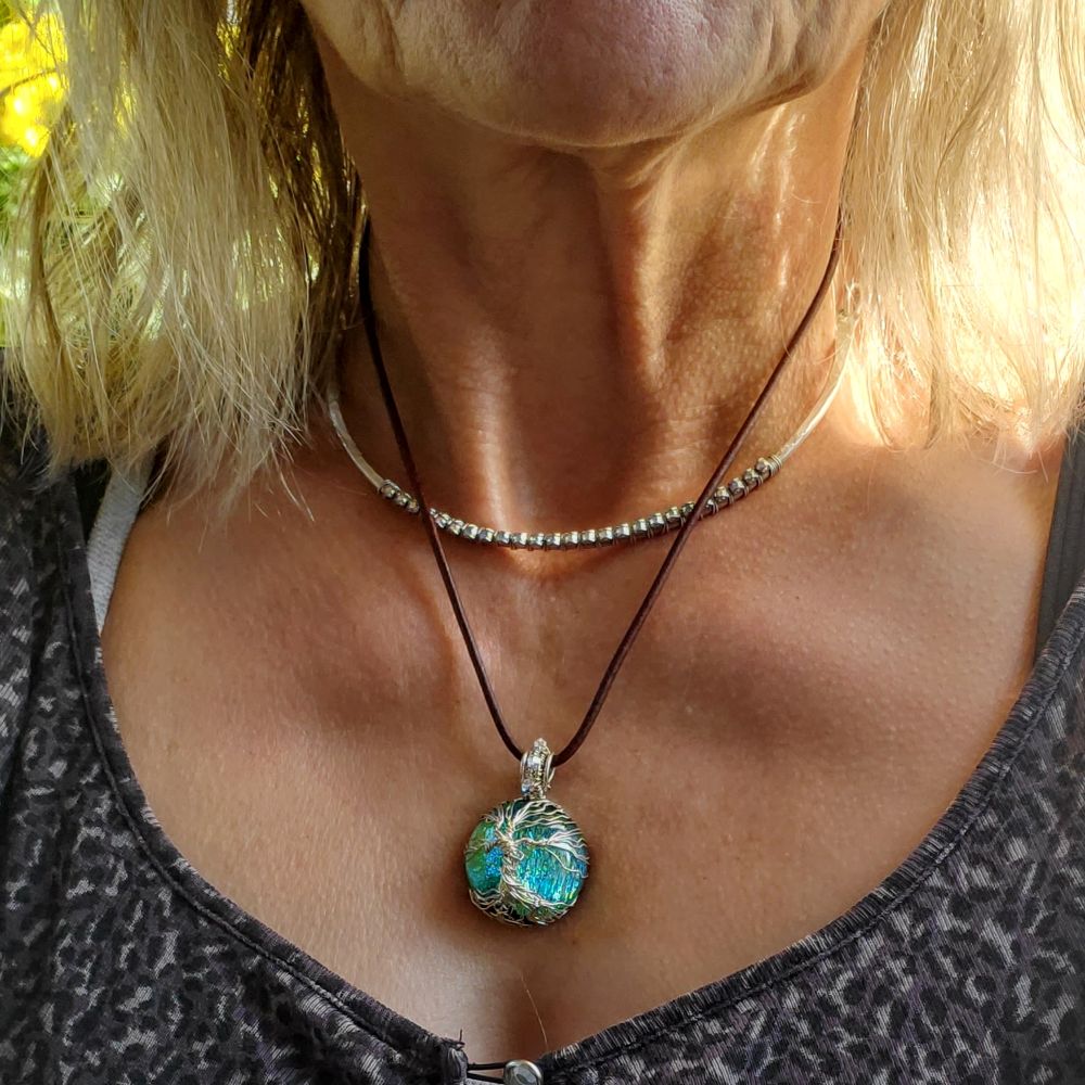 Handmade Sparkly Tree of Life Wire Wrapped Dichroic Pendant on Leather Necklace