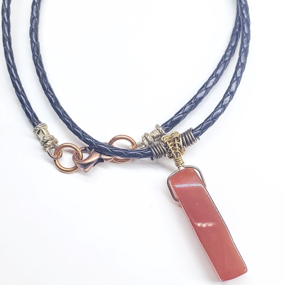 Handmade Wire Wrapped Rustic Raw Cut Red Agate Stick Bolo Leather Necklaces