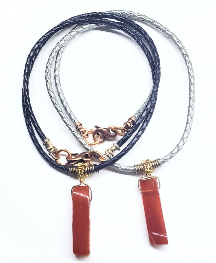 Handmade Wire Wrapped Rustic Raw Cut Red Agate Stick Bolo Leather Necklaces