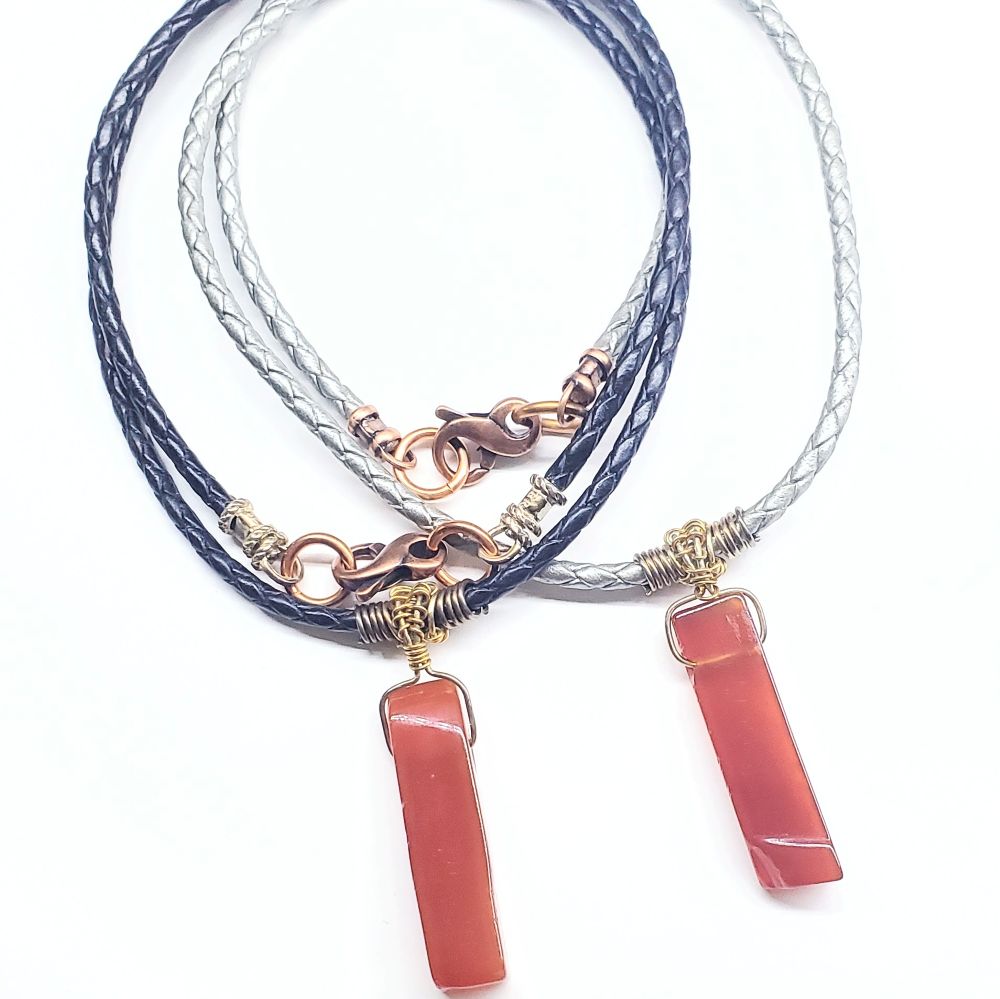 Handmade Wire Wrapped Rustic Raw Cut Red Agate Stick Bolo Leather Necklaces
