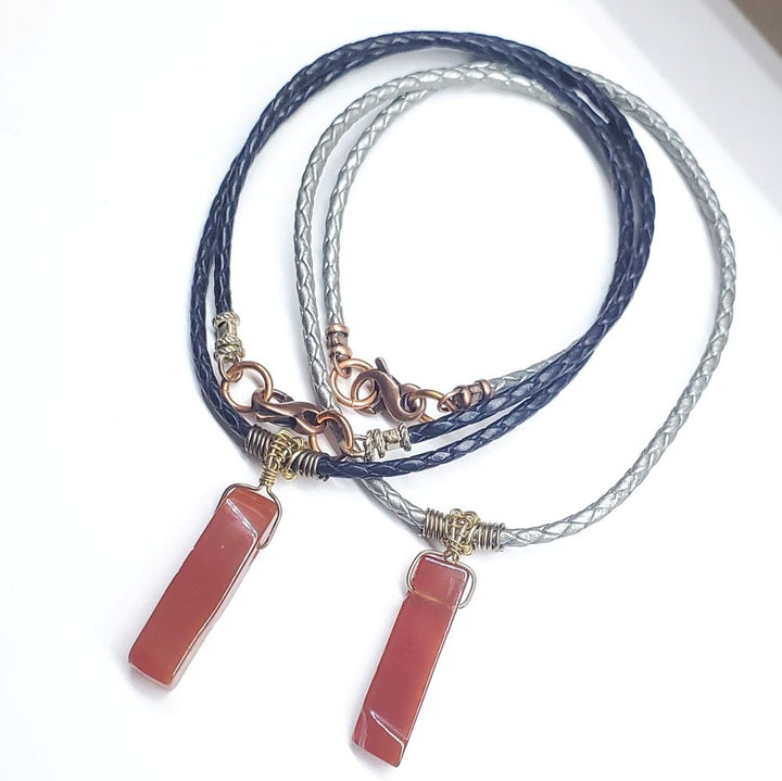 Handmade Wire Wrapped Rustic Raw Cut Red Agate Stick Bolo Leather Necklaces