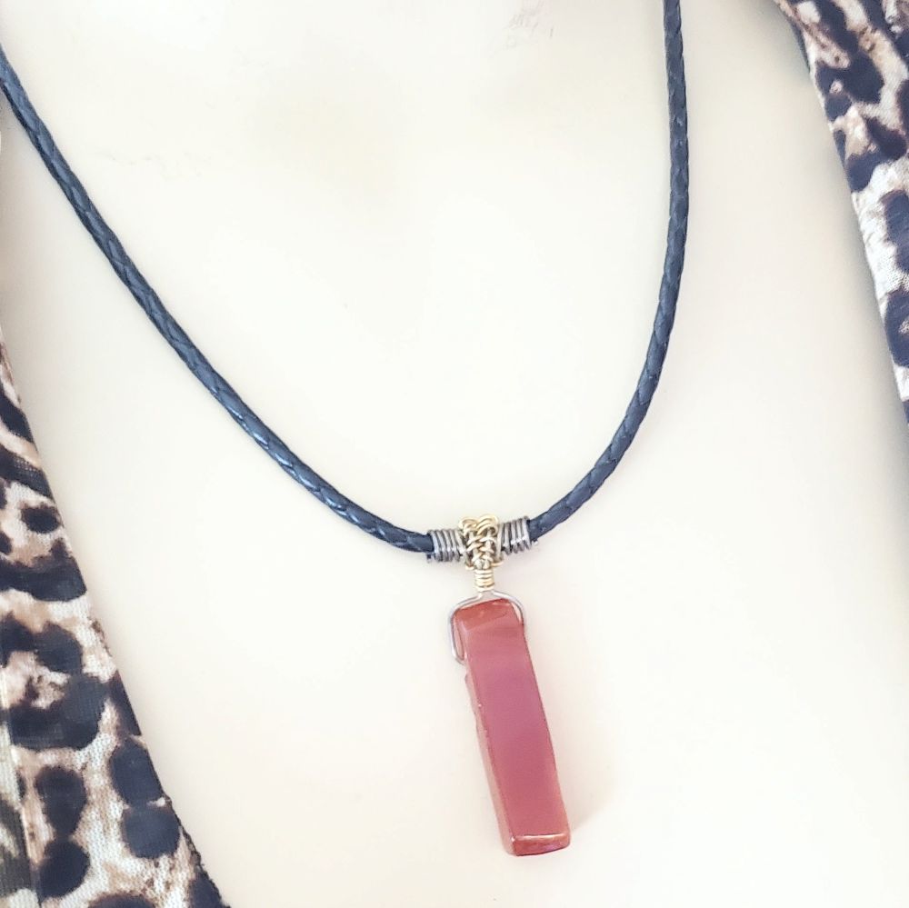 Handmade Wire Wrapped Rustic Raw Cut Red Agate Stick Bolo Leather Necklaces