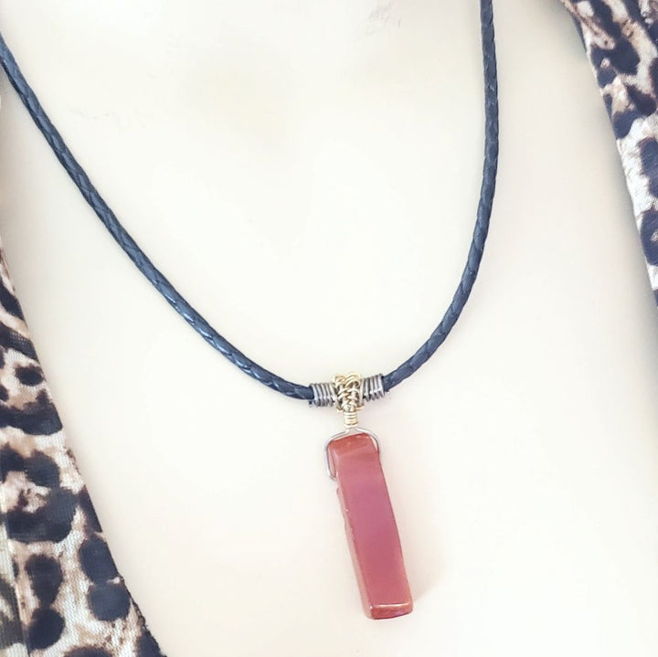 Handmade Wire Wrapped Rustic Raw Cut Red Agate Stick Bolo Leather Necklaces