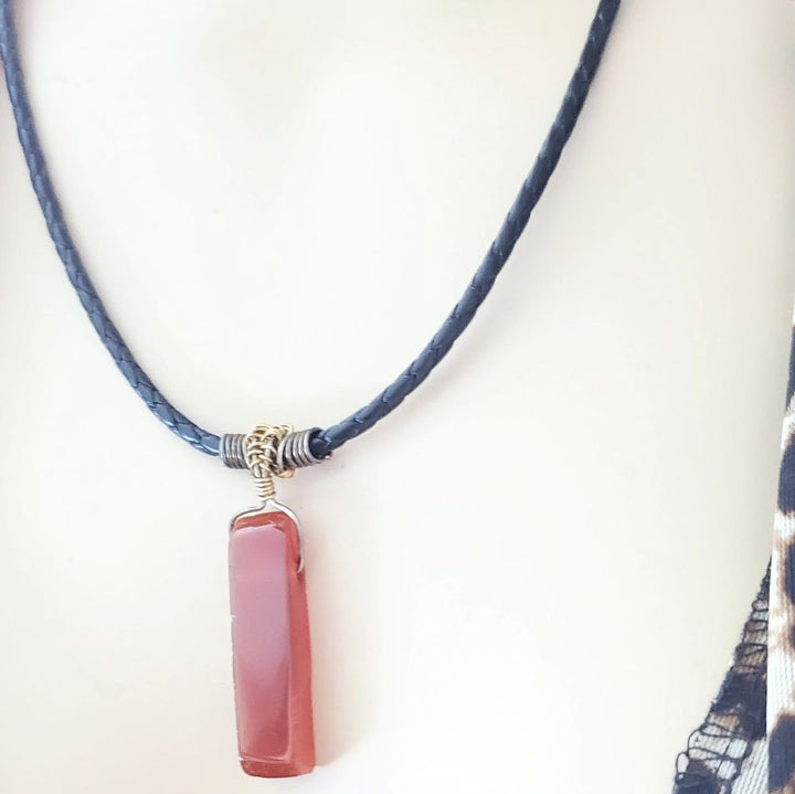 Handmade Wire Wrapped Rustic Raw Cut Red Agate Stick Bolo Leather Necklaces