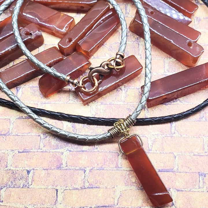 Handmade Wire Wrapped Rustic Raw Cut Red Agate Stick Bolo Leather Necklaces