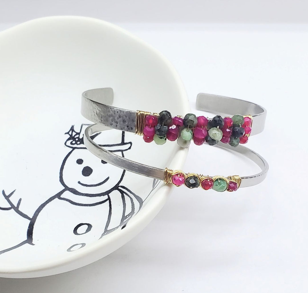 14 K Gold Filled Wire Wrapped Ruby Emerald Gemstone Stainless Steel Cuffs