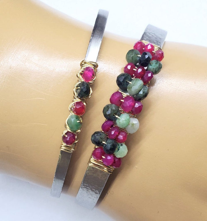 14 K Gold Filled Wire Wrapped Ruby Emerald Gemstone Stainless Steel Cuffs