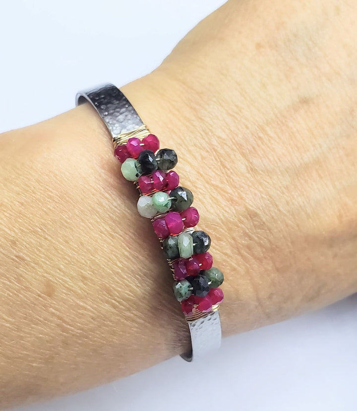 14 K Gold Filled Wire Wrapped Ruby Emerald Gemstone Stainless Steel Cuffs