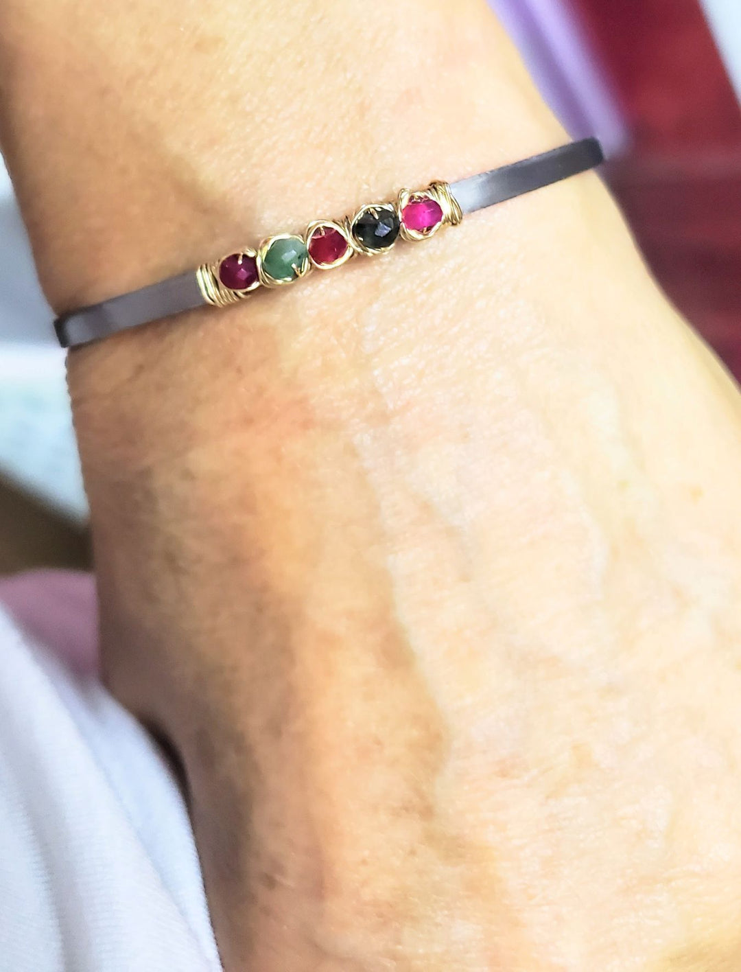 14 K Gold Filled Wire Wrapped Ruby Emerald Gemstone Stainless Steel Cuffs