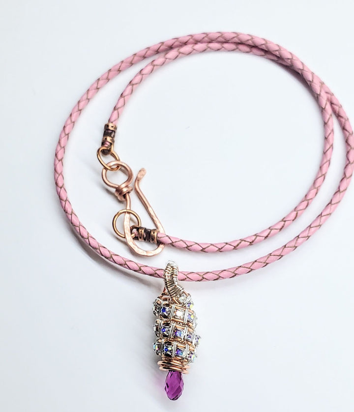 Copper Silver Tubular Wire Coiled  Fuchsia Crystal  Drop Pendant Necklace