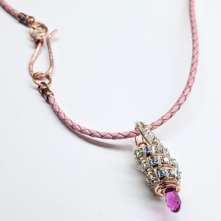 Copper Silver Tubular Wire Coiled  Fuchsia Crystal  Drop Pendant Necklace