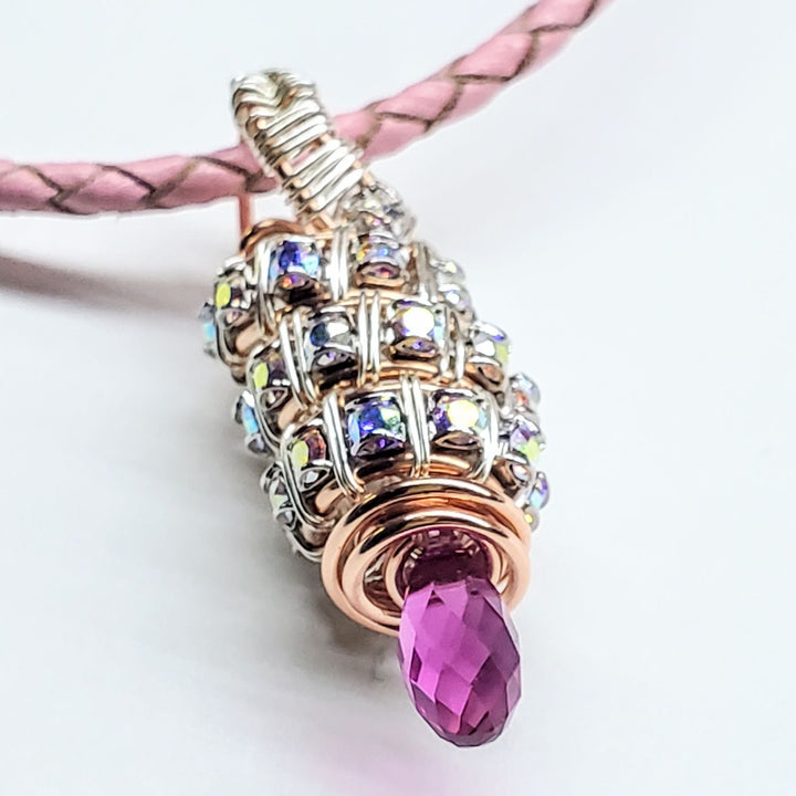 Copper Silver Tubular Wire Coiled  Fuchsia Crystal  Drop Pendant Necklace