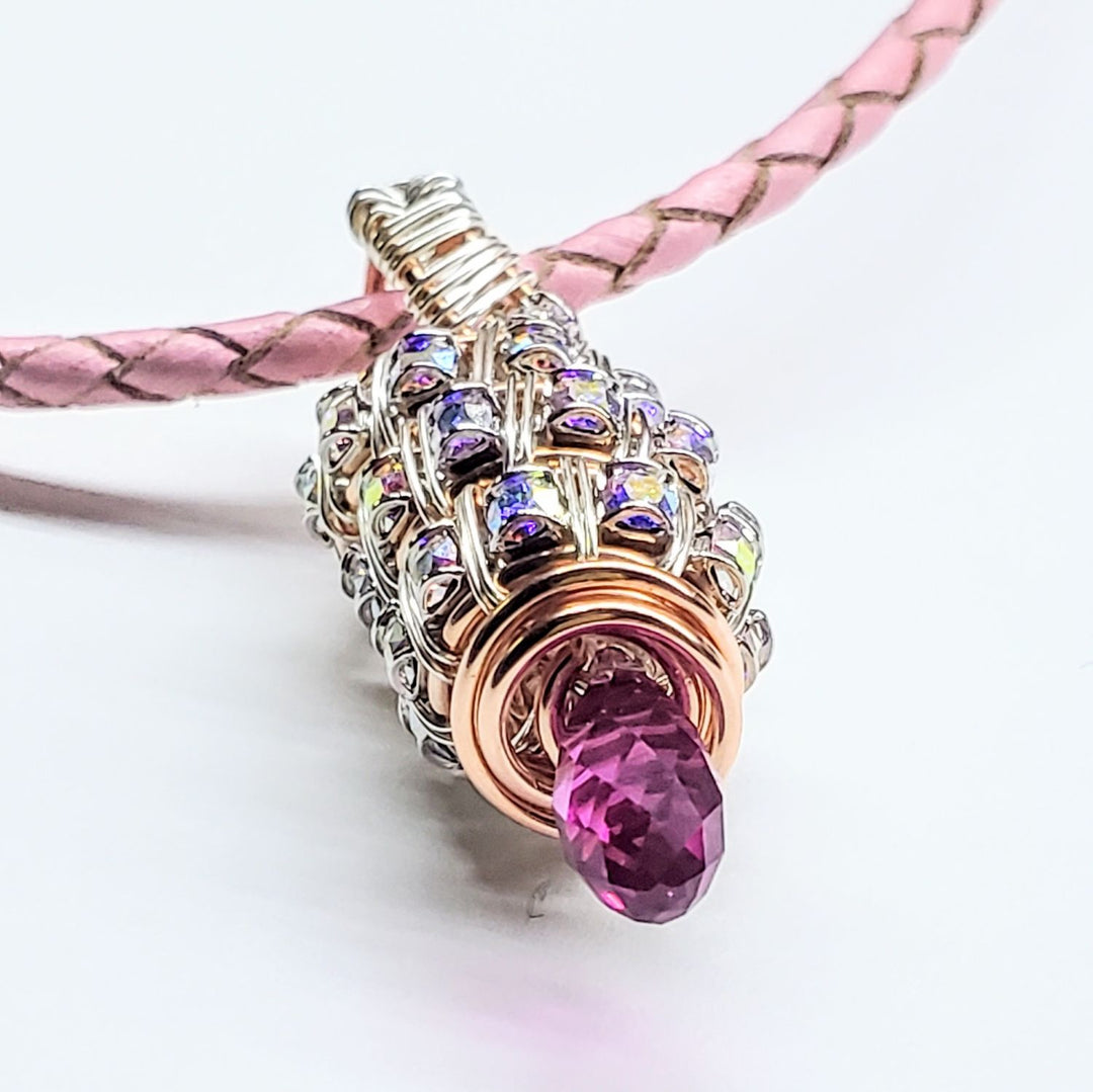 Copper Silver Tubular Wire Coiled  Fuchsia Crystal  Drop Pendant Necklace