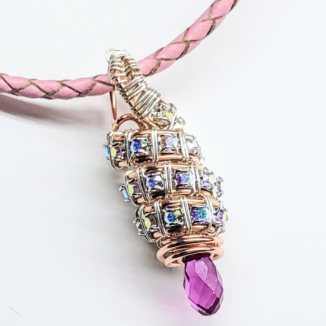 Copper Silver Tubular Wire Coiled  Fuchsia Crystal  Drop Pendant Necklace