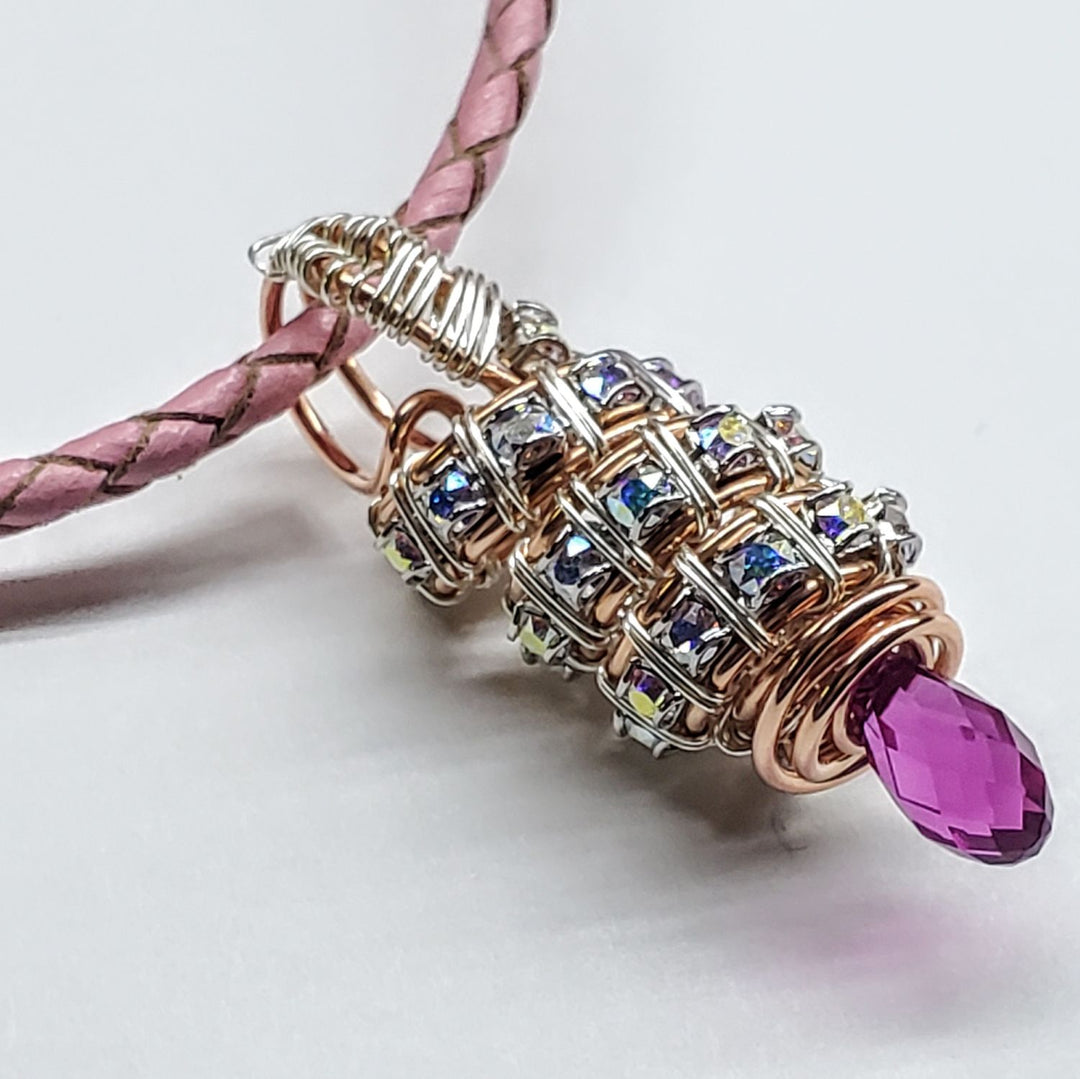 Copper Silver Tubular Wire Coiled  Fuchsia Crystal  Drop Pendant Necklace