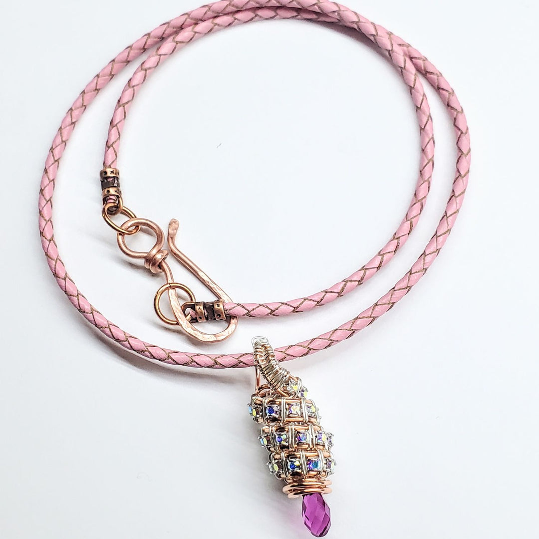 Copper Silver Tubular Wire Coiled  Fuchsia Crystal  Drop Pendant Necklace